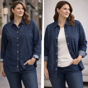 Bit & Bridle 1X Chambray Snap Shirt Pearlized Snaps Floral Stamped Cuffs